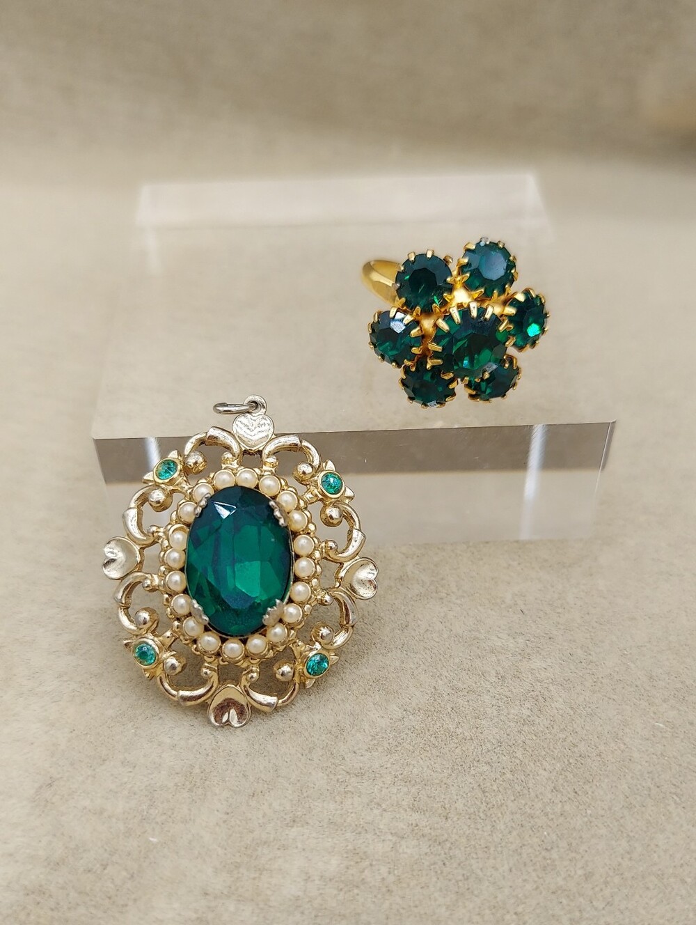 Emerald Costume Jewelry Ring and Necklace Pendant Statement Jewelry Piece